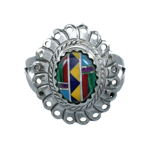 Southwestern Manmade Multicolor Inlay Sterling Silver Ring Size 7-1/2 JX131082
